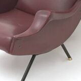 Burgundy Skai, Brass and Metal Lounge Chair, Italy