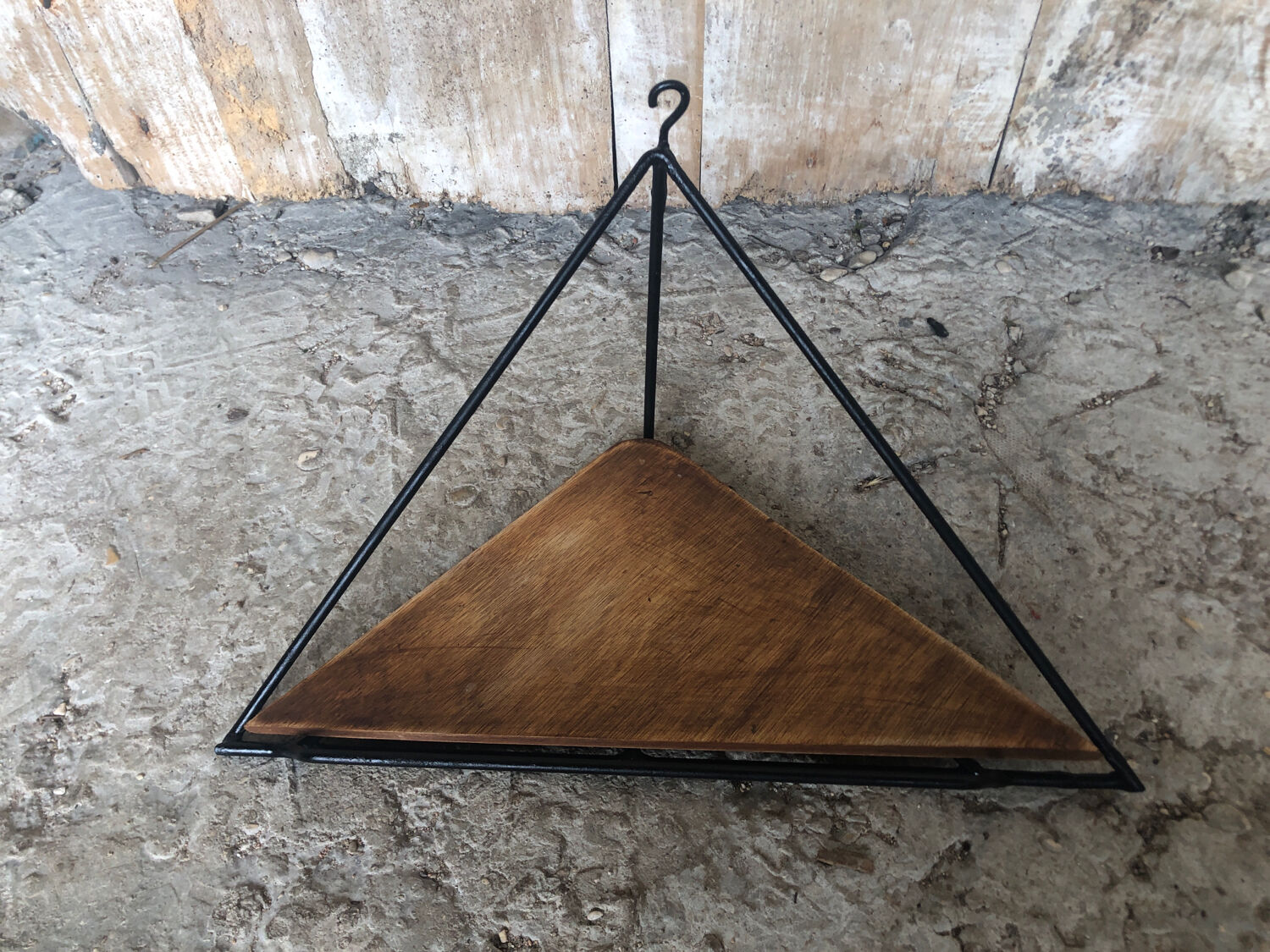 Black wrought iron corner shelf + vintage wooden top