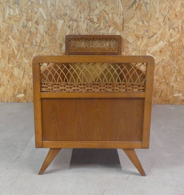 Lit en rotin et bois pieds compas enfant vintage