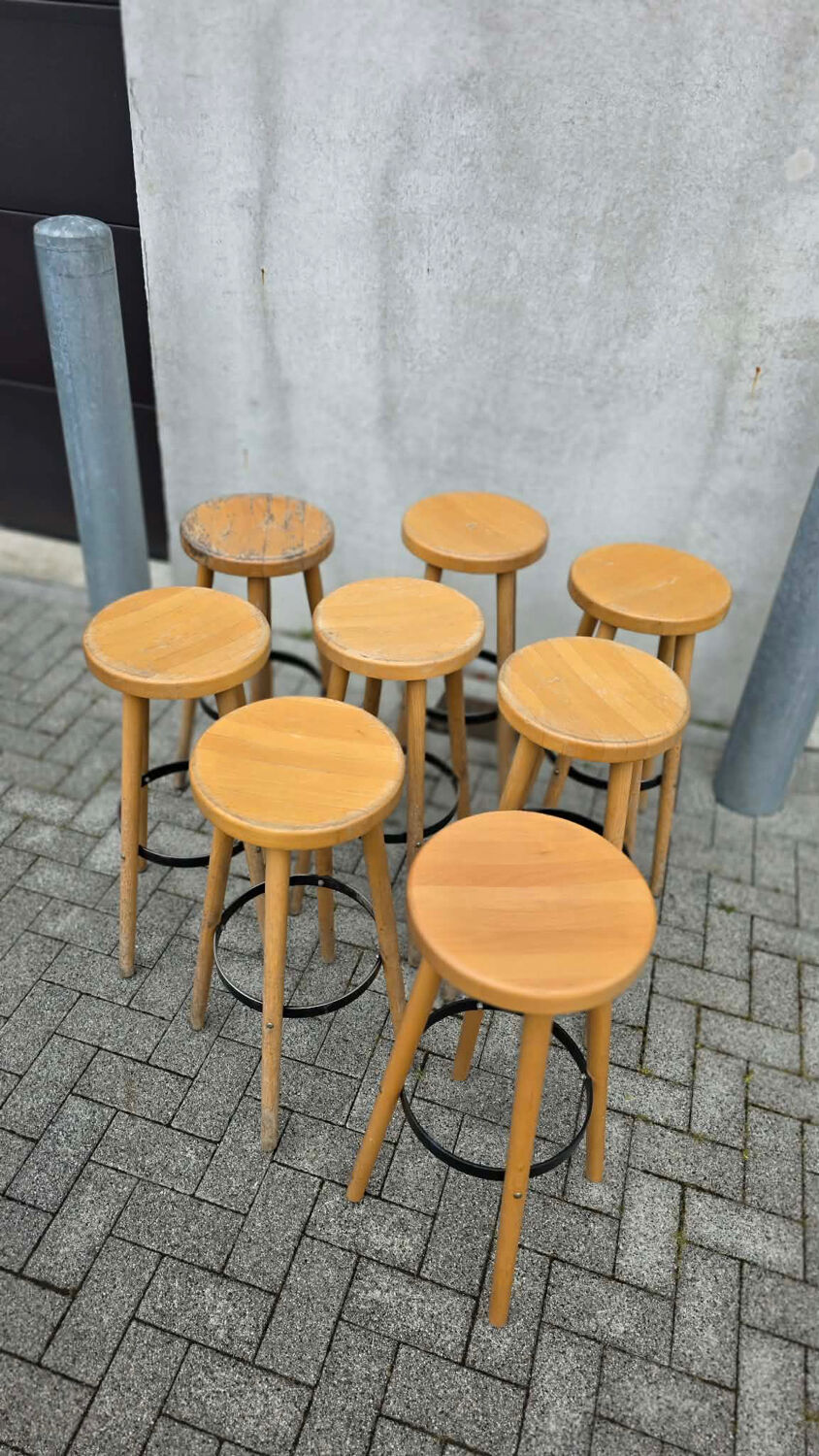 8 mid-century modern bar stools in beech and hammered iron