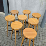 8 mid-century modern bar stools in beech and hammered iron