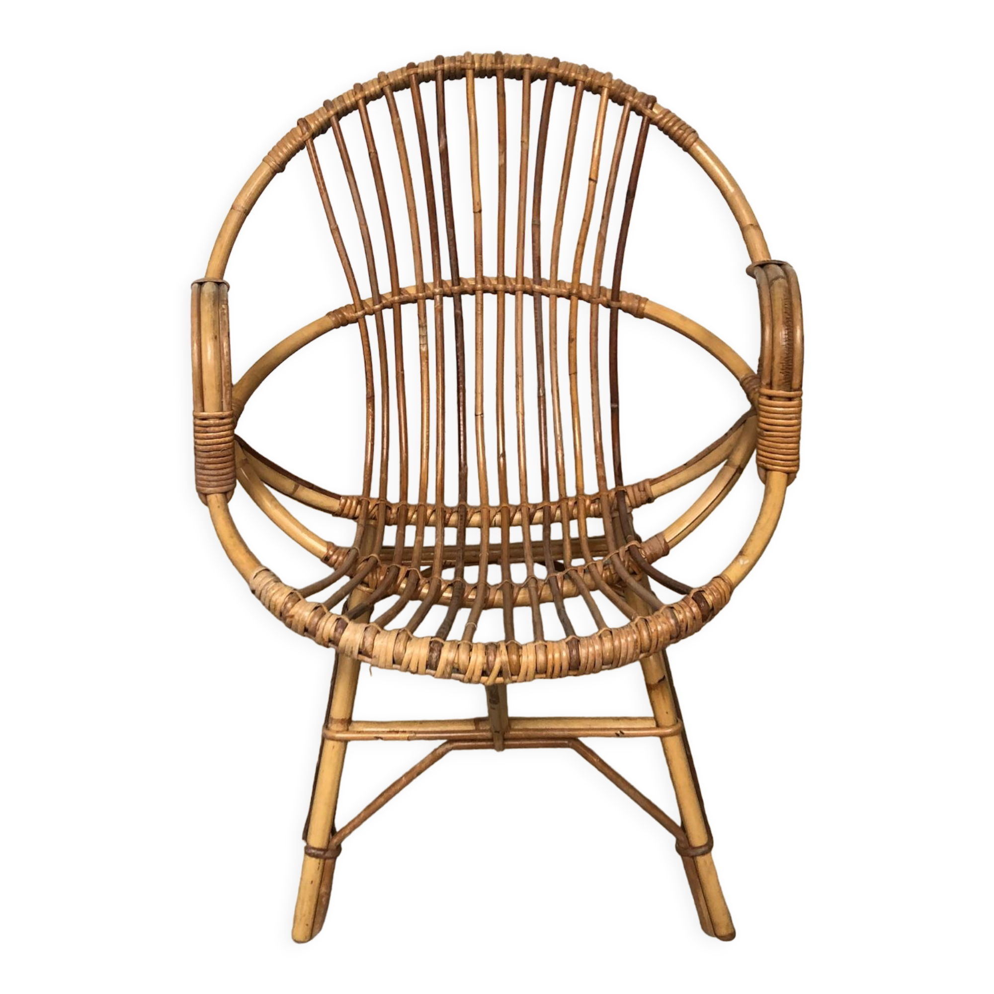 Vintage 70s rattan bamboo wicker shell armchair
