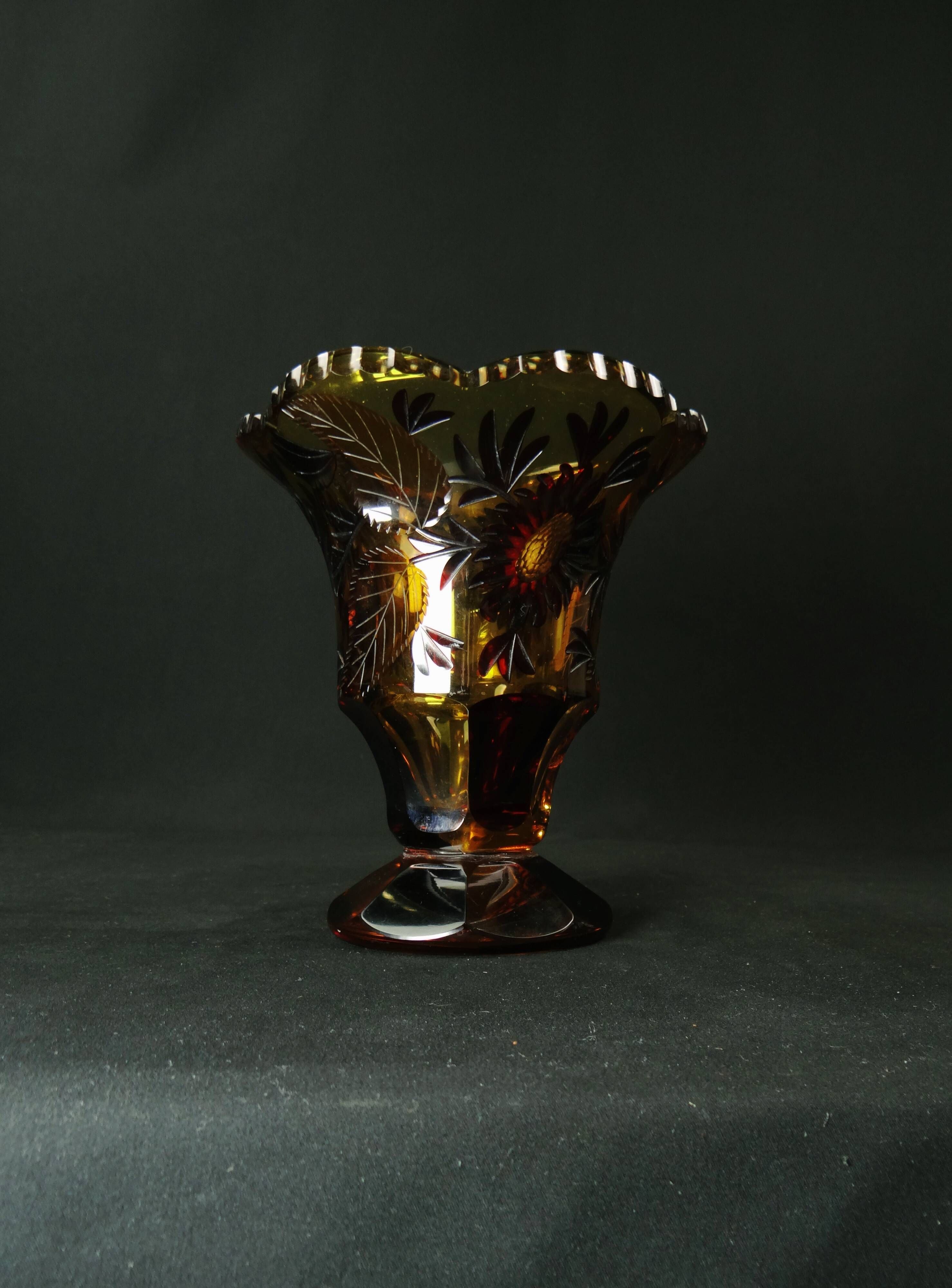 Bohemian cut crystal vase with Art Deco ruby red amber floral decoration