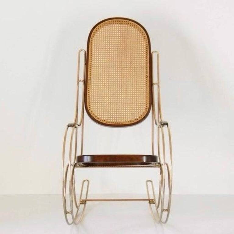 1970s Thonet-Style Rocking Chair, Brass & Wicker