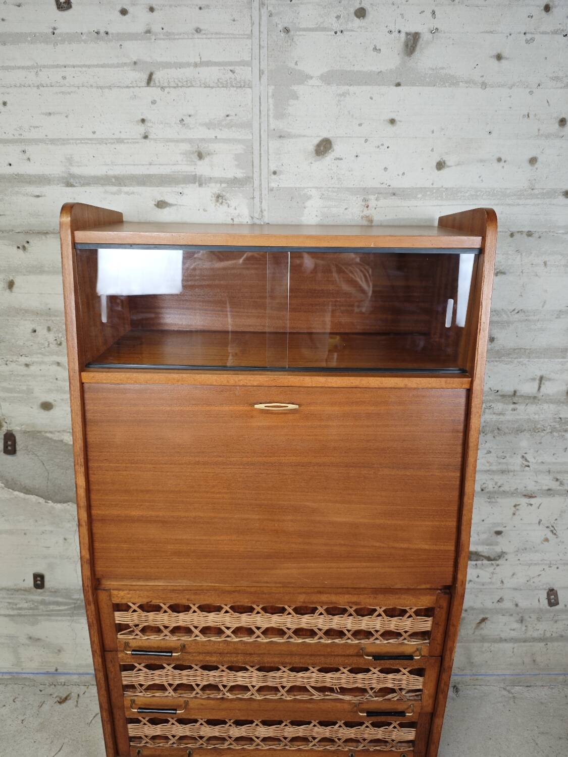 Vintage wooden and rattan secretary