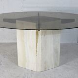 Living table, Comblanchian stone base and elliptical tray in smoked glass, Italy, 1970
