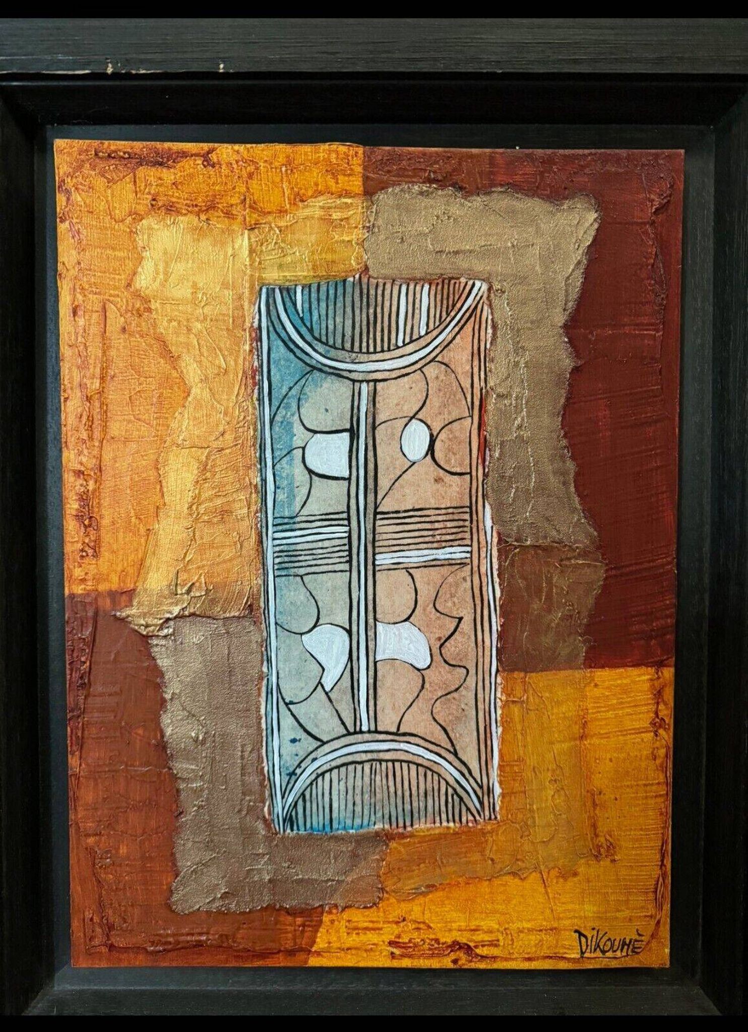 Huile sur toile composition moderne Manuela Dikoumé XXe cadre noir