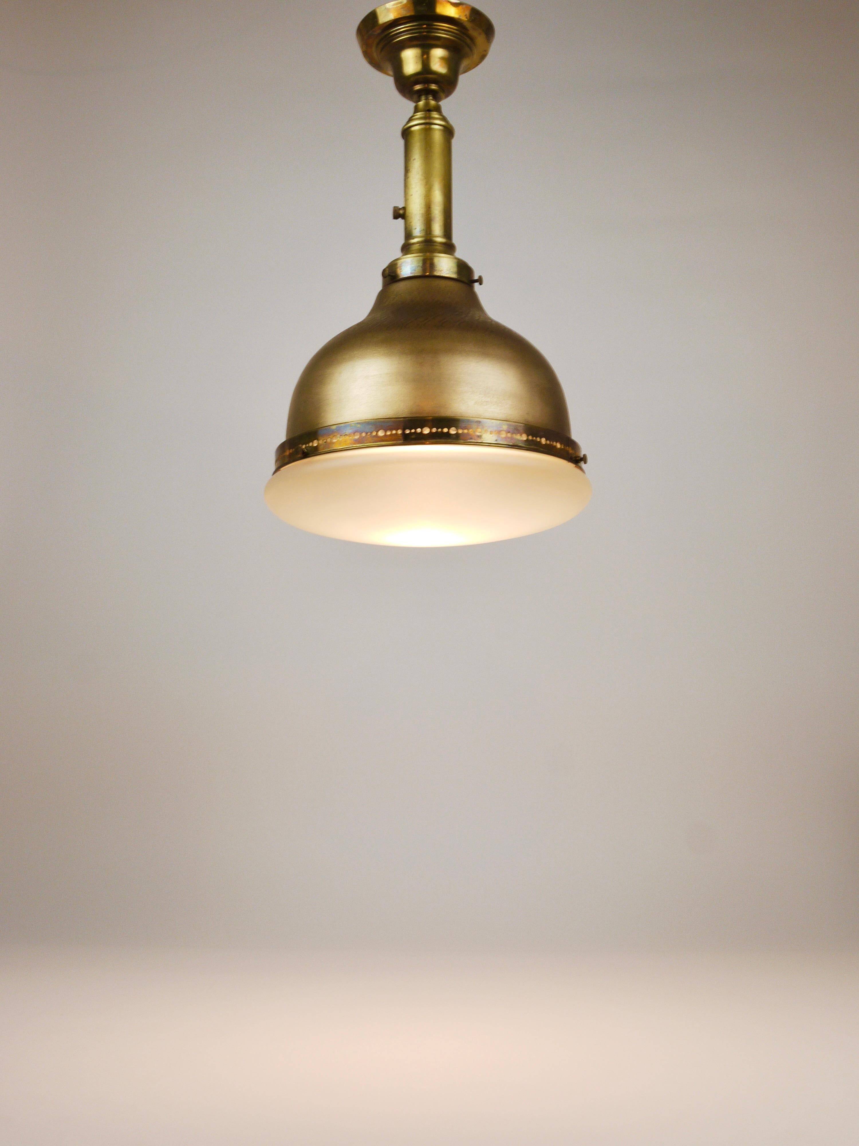 Art Nouveau pendant lamp in brass and glass from the 1920s, ceiling light, Jena, Germany.