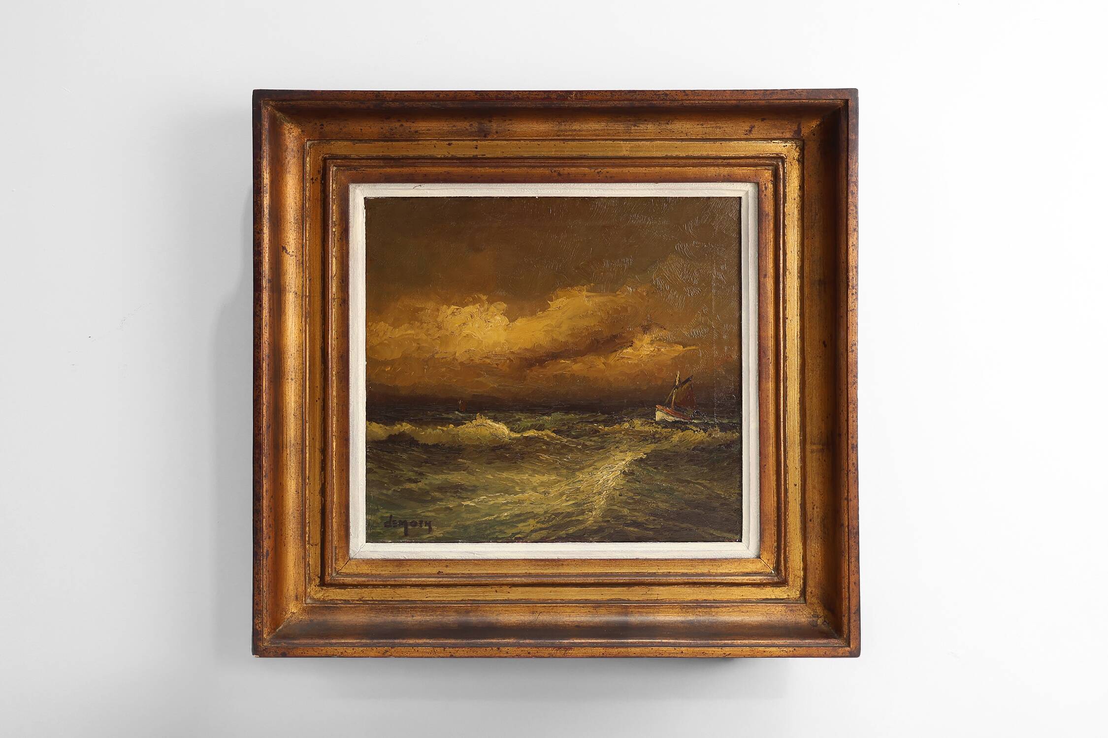Seascape painting by Albert Demoen in Giltwood Frame, Belgium ca. 1940