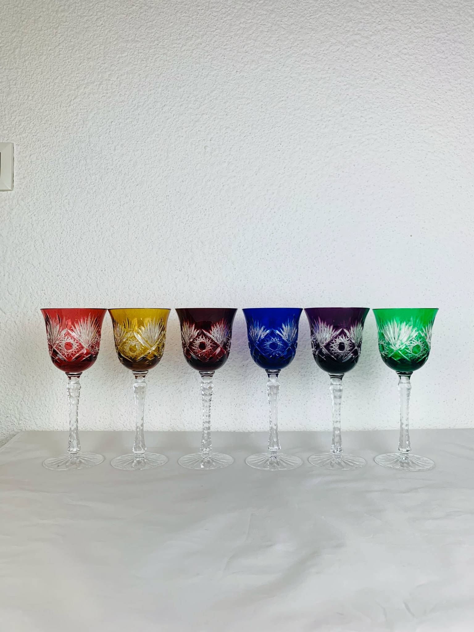 6 handmade crystal stemmed glasses from Lorraine, multi-colored