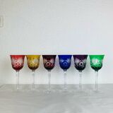 6 handmade crystal stemmed glasses from Lorraine, multi-colored