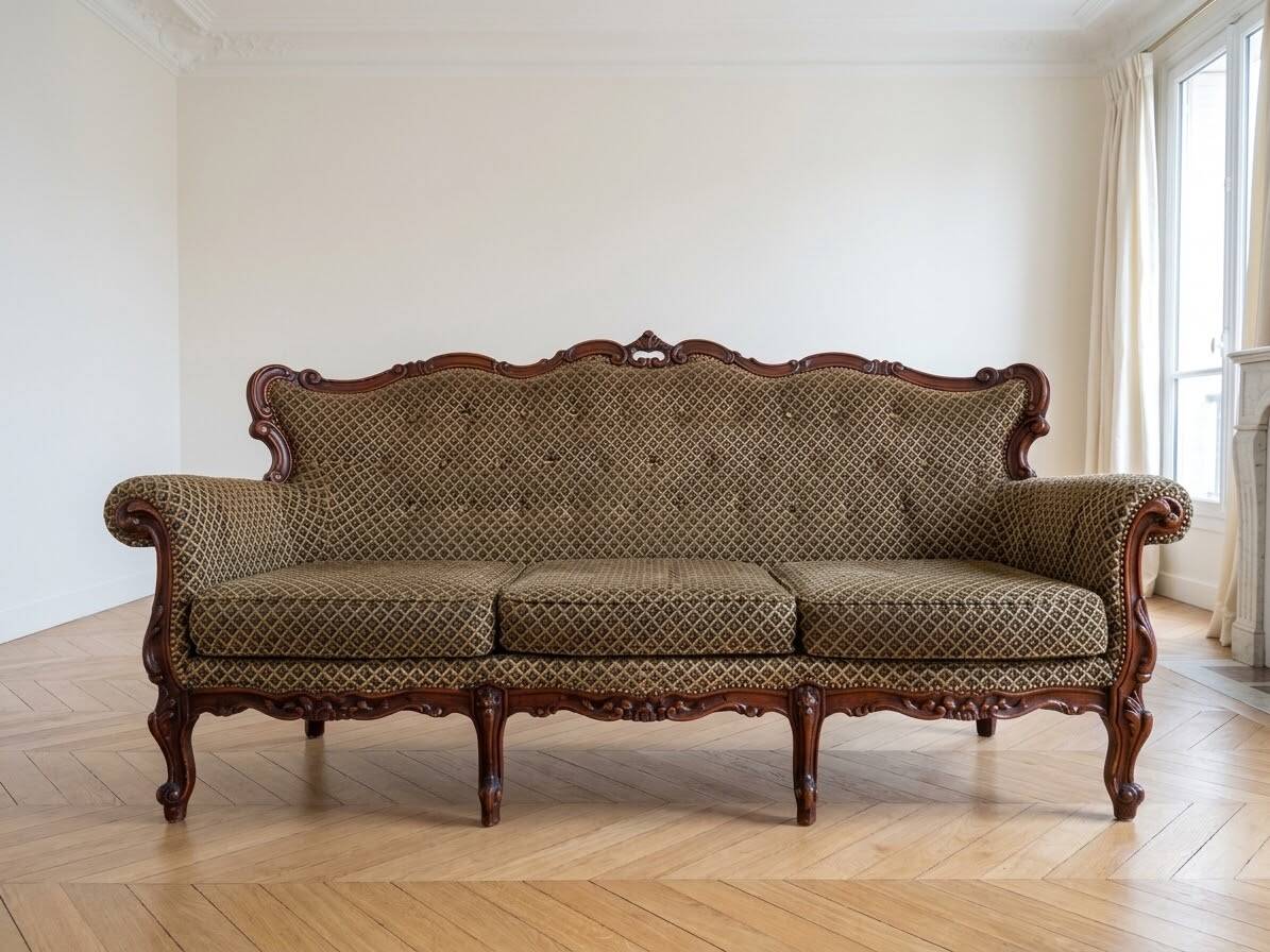 Classic 3-seater sofa in brown fabric and wood.