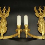 Large pair of Empire style winged caryatid sconces - gilded bronze