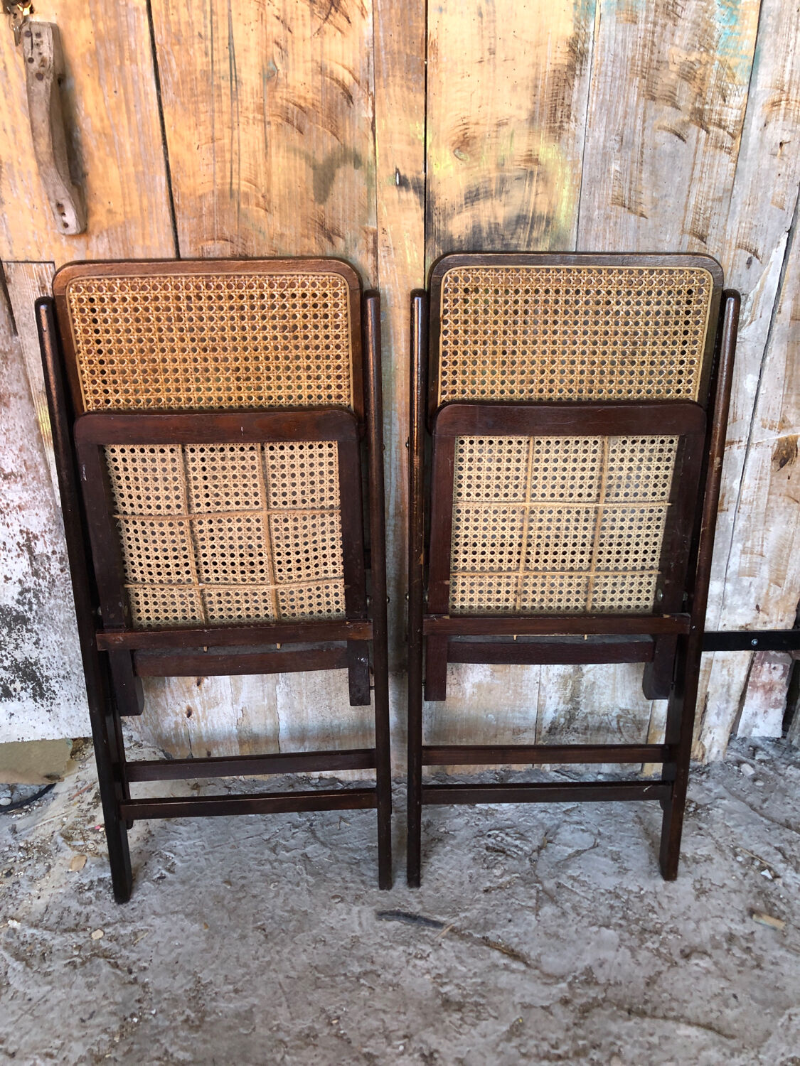 Pair of wood folding chair and vintage cannage #a084