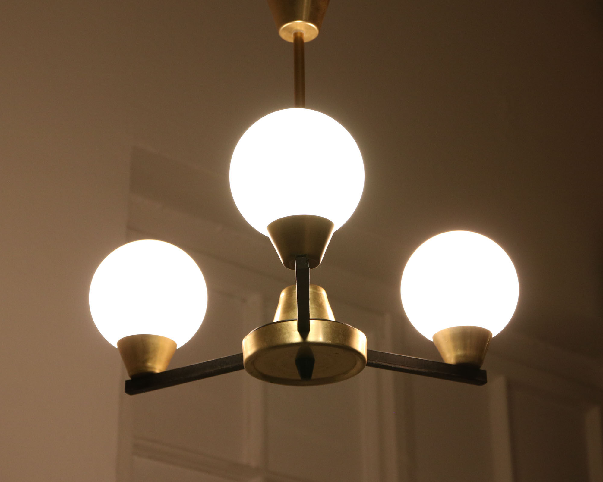 Vintage Italian Metal and Opaline Glass Chandelier