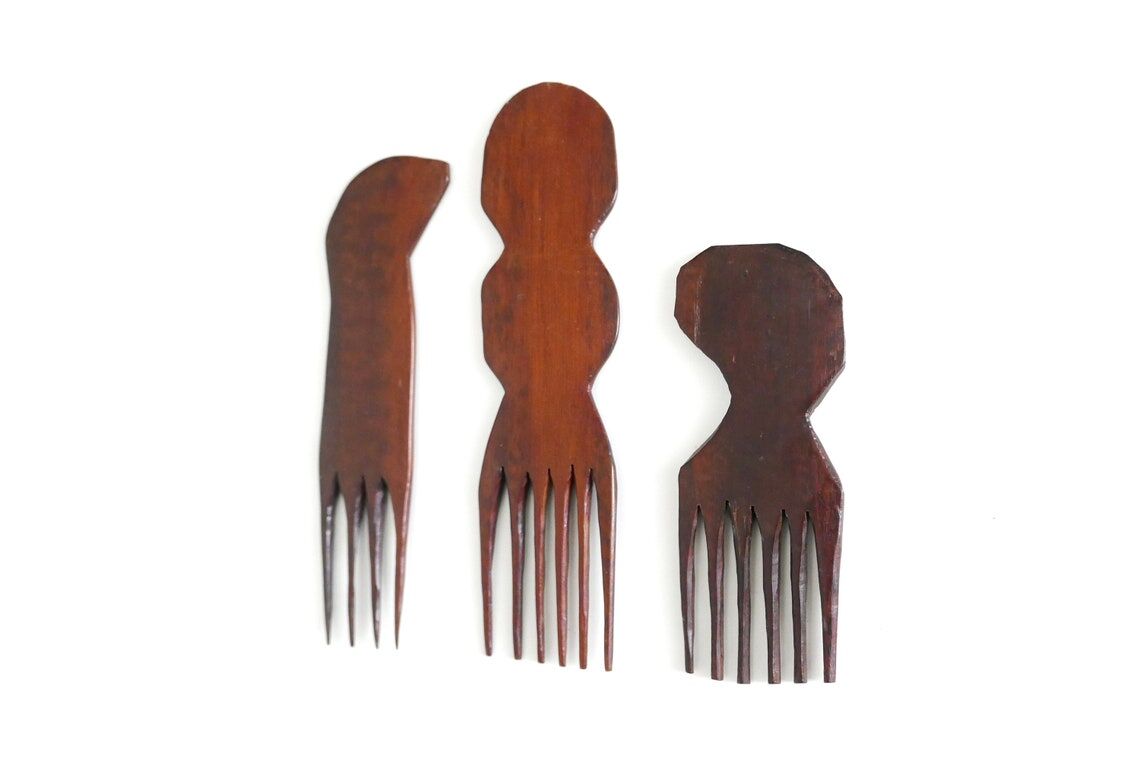 Set de 3 peignes Africains en bois, années 70