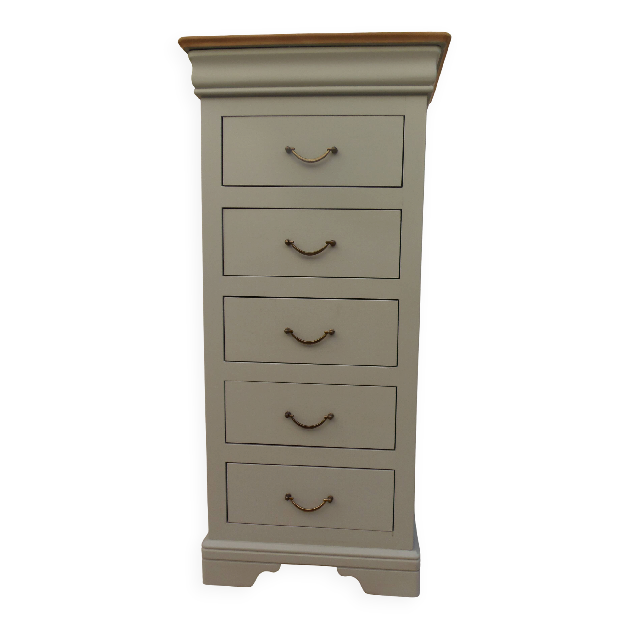 Chiffonnier style Louis-Philippe vert de gris, plateau  bois.