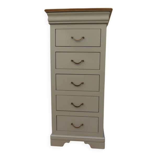 Chiffonnier style Louis-Philippe vert de gris, plateau  bois.