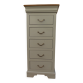 Chiffonnier style Louis-Philippe vert de gris, plateau  bois.