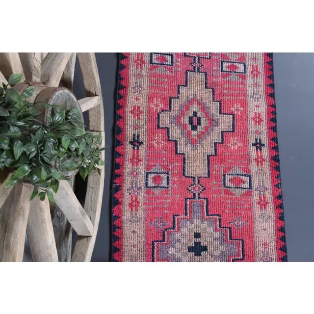 Vintage Turkish Oushak Handmade Wool Cotton Pink Runner Rug 81x337