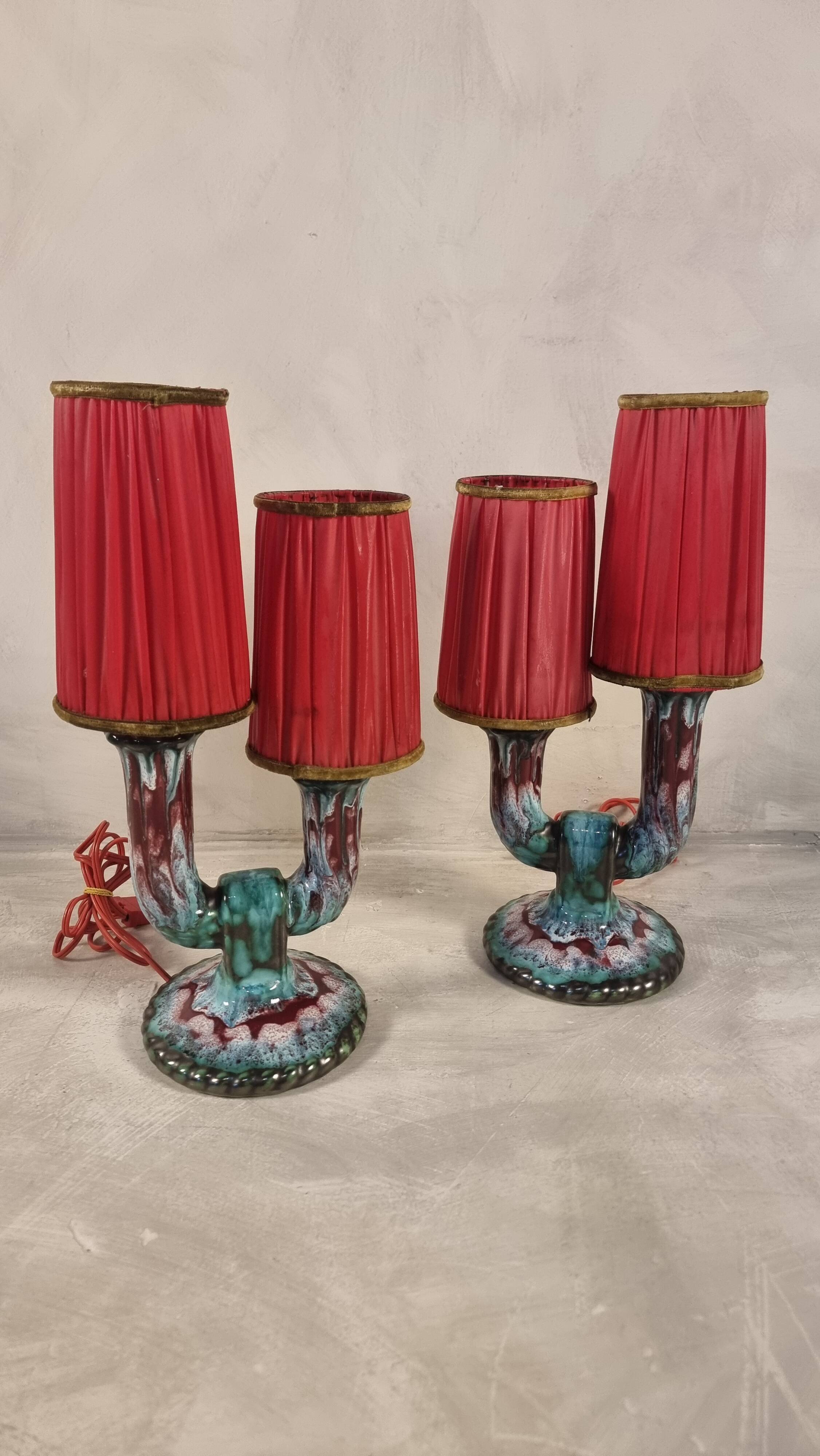 French Double Arm Longwy Pottery Enamel Table Lamps