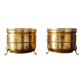 Pair of vintage brass planters with openwork gallery cache-pot.
