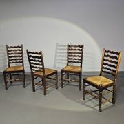 Set of 4 oak, rustic, farmhouse, ladderback dining chairs with rush seats 1960s