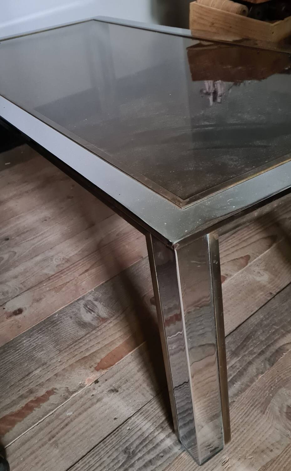 Table de salon en chrome, laiton et verre