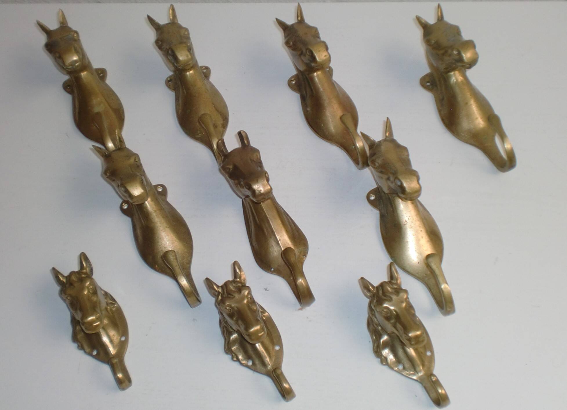 Set of 10 heavy brass horse coat rack wall hooks