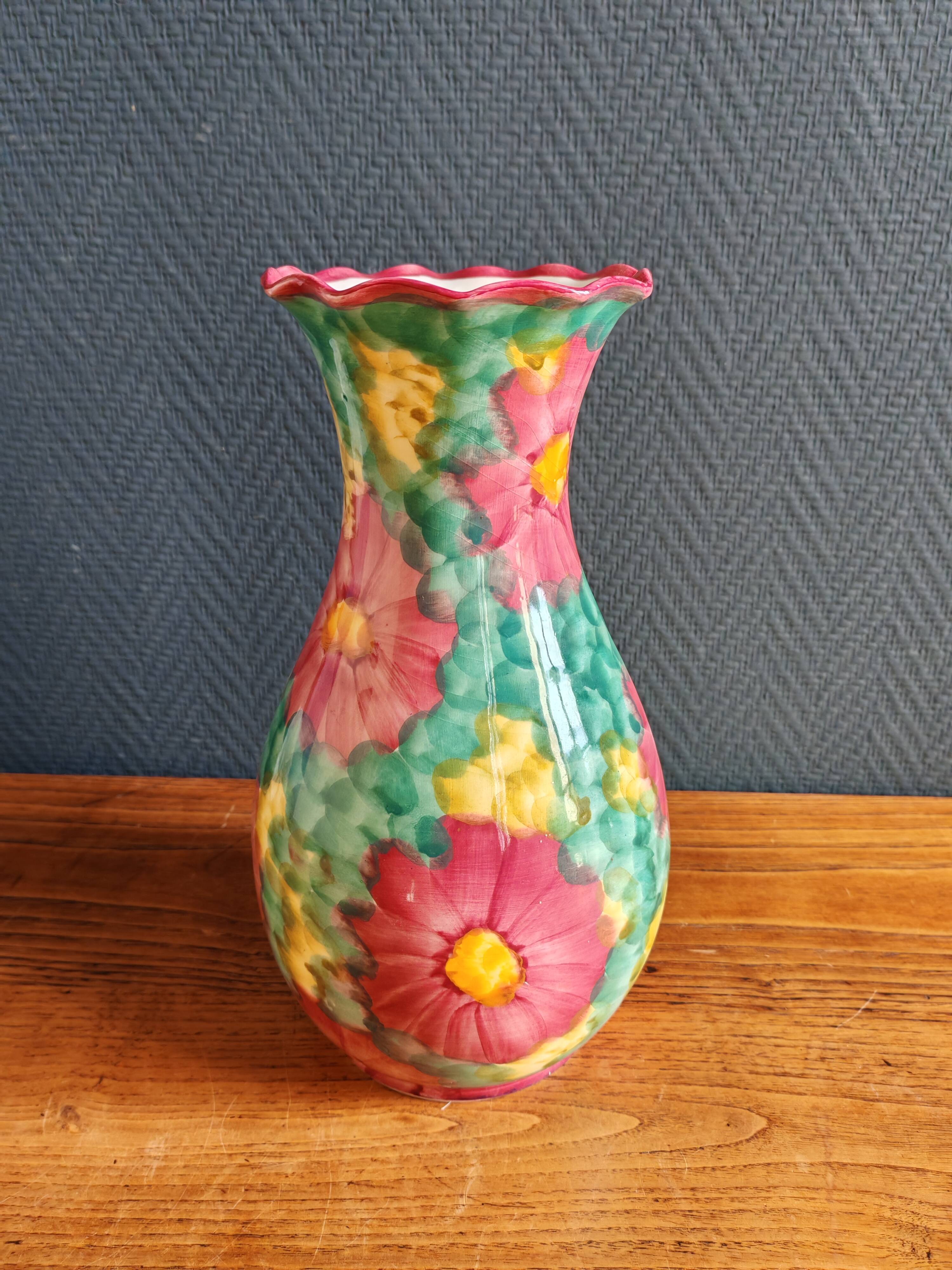 Vintage Floral Ceramic Vase - Large Barbotine Vase with Pink Flowers