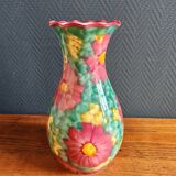 Vintage Floral Ceramic Vase - Large Barbotine Vase with Pink Flowers