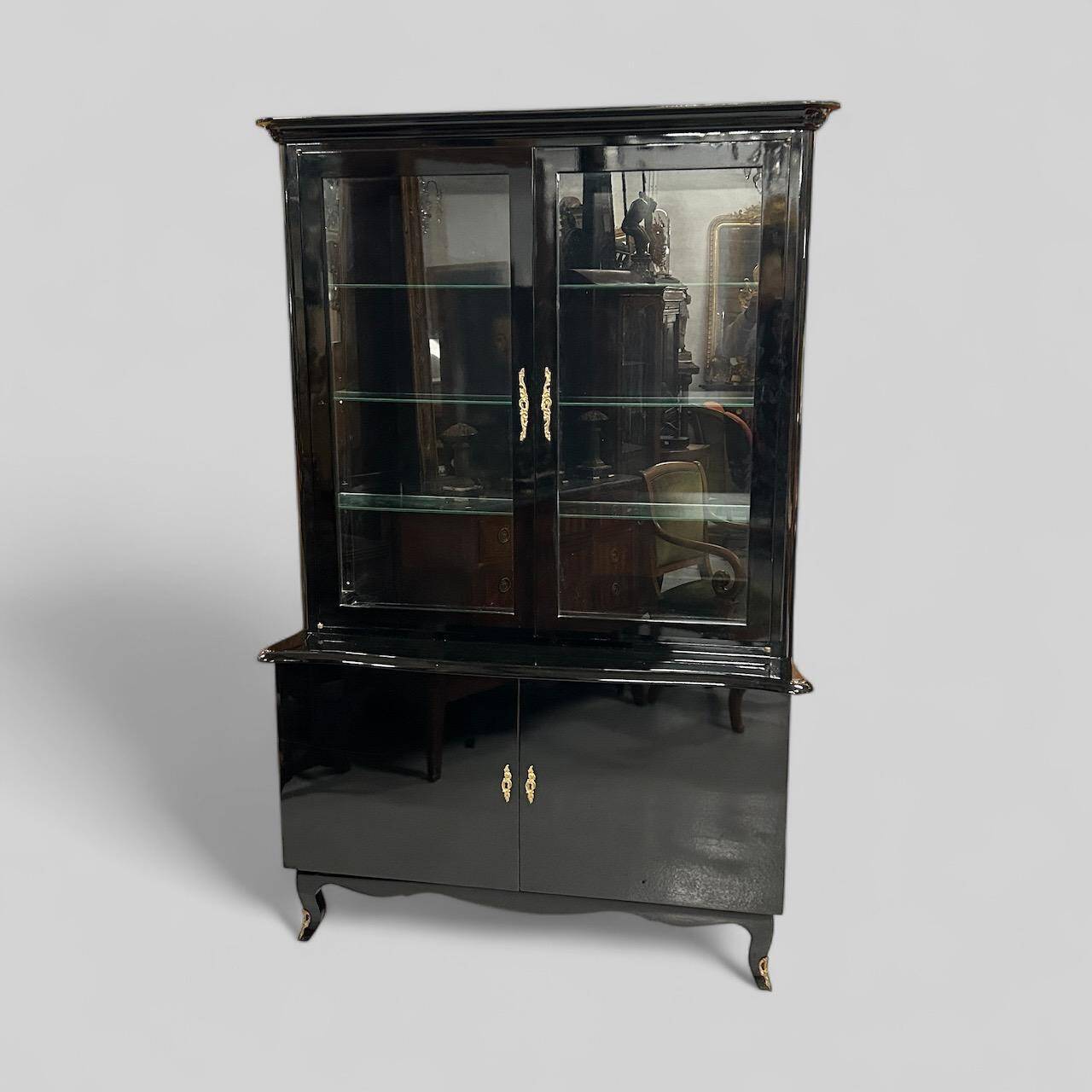 1950s black lacquered two-body display cabinet - bookcase