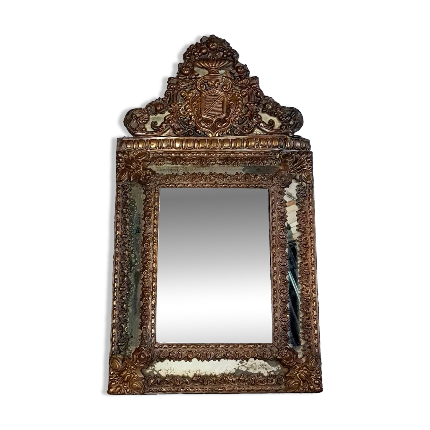 Antique brass repoussé mirror with wooden backing, 59x31 cm, C831.