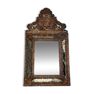 Antique brass repoussé mirror with wooden backing, 59x31 cm, C831.