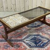 English teak coffee table with glass and tiled top - 1970s work