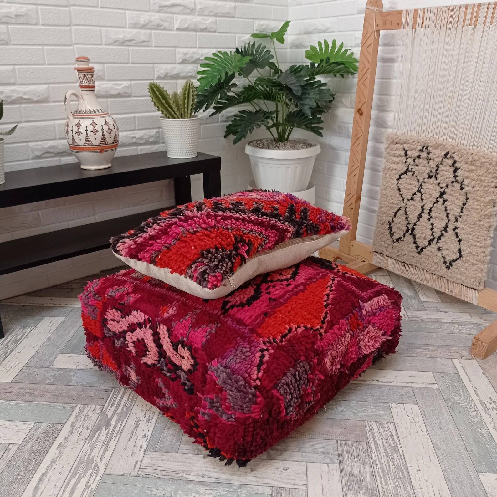 Berber pouf and handmade wool cushion 60 X 60 X 20 CM