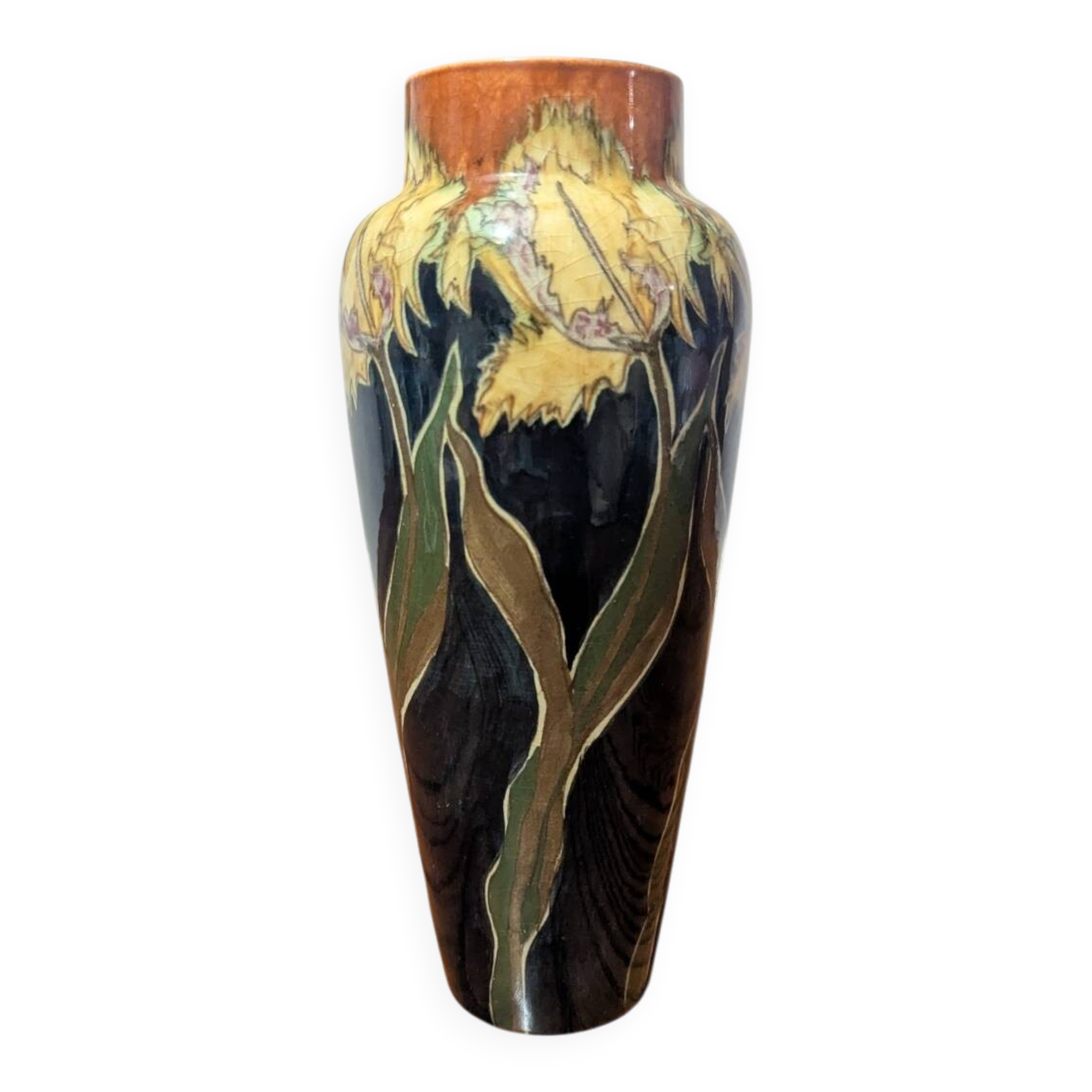 Art Nouveau vase in glazed ceramic, floral decoration, Gouda type, circa