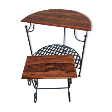 Console Demi-Lune et son tabouret en palissandre et fer forgé