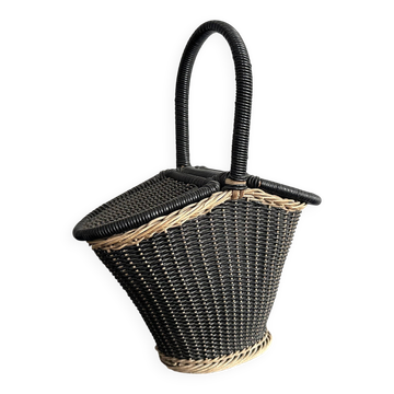 Panier vintage en rotin et plastique noir, années 50