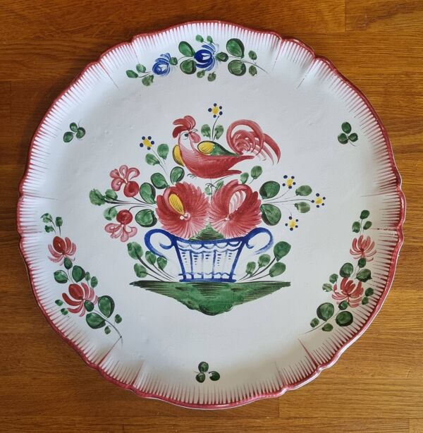 Grand plat à tarte ancien en faïence de St Clément Motif Coq au panier