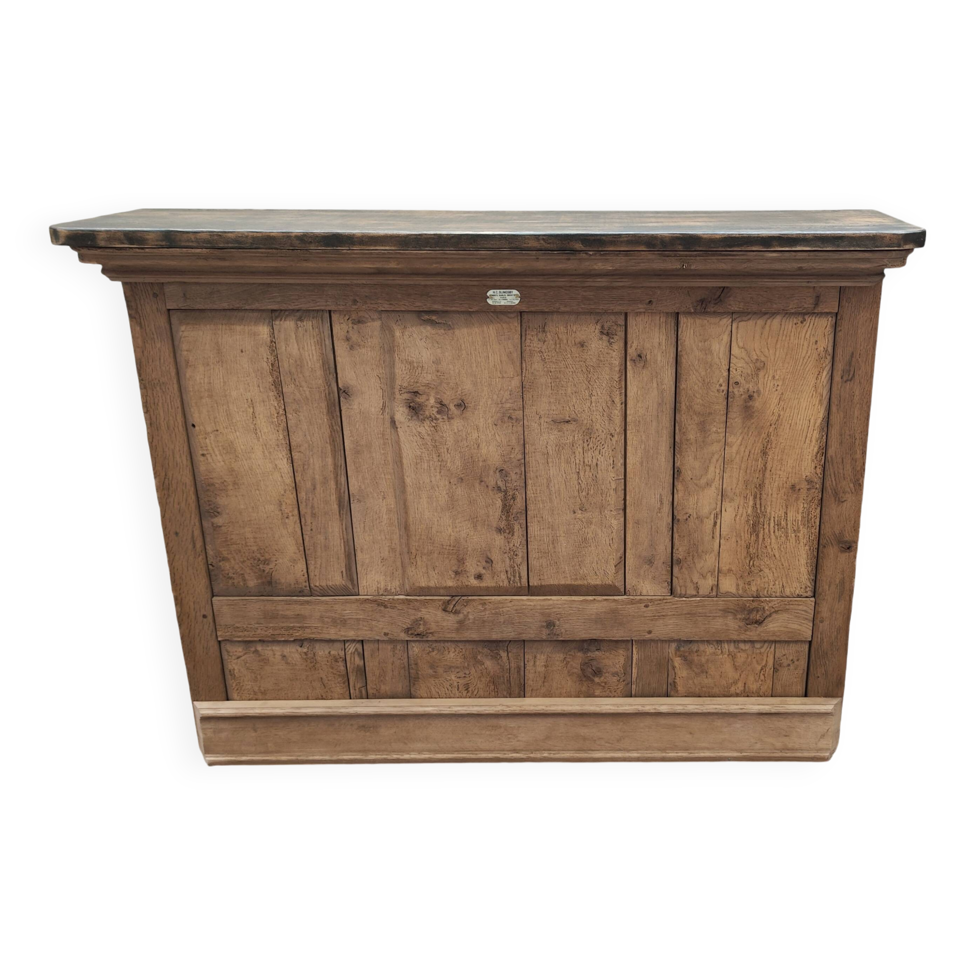 Old raw oak counter with black waxed top