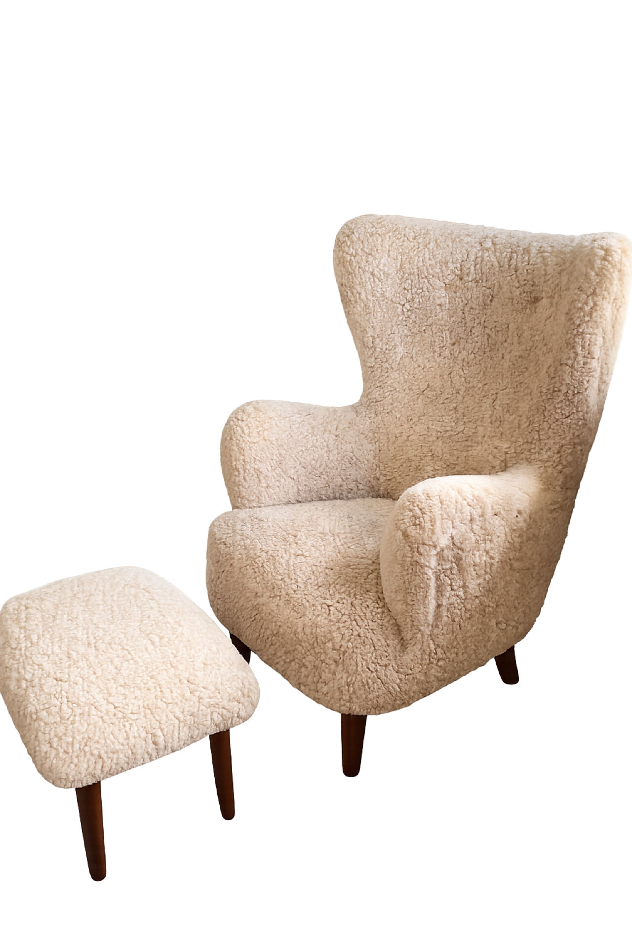 Vintage Wingback Chair & Footstool in sheepskin