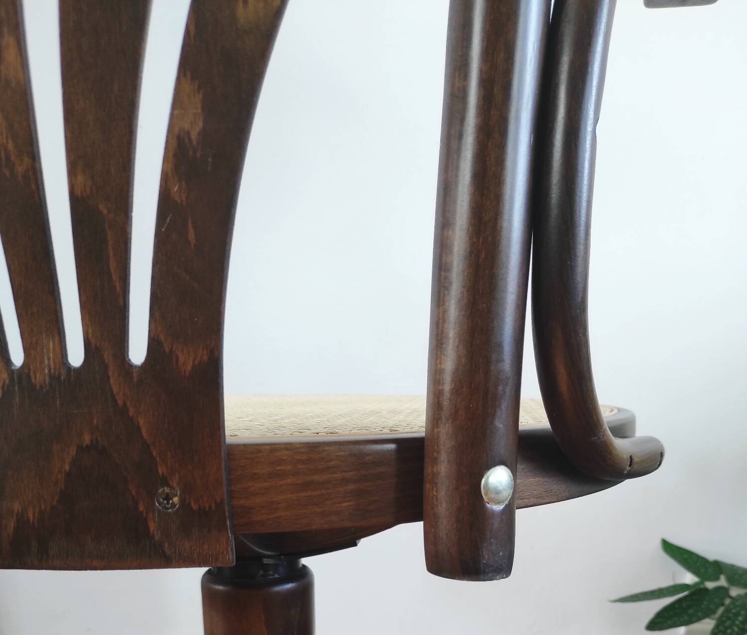 Vintage swivel office chair with curved wood and caning (Thonet style)