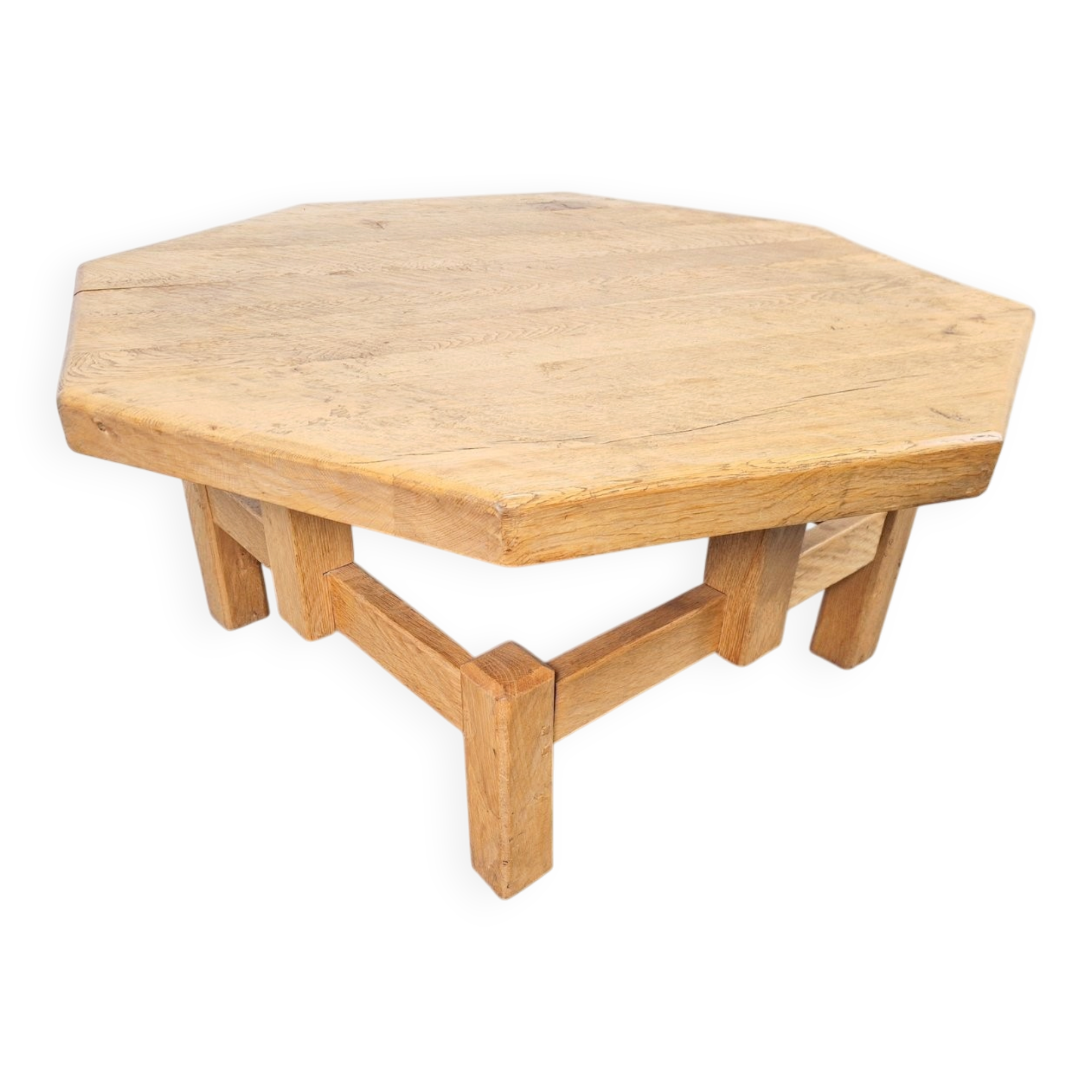 Rustic Brutalist Octagonal Oak Coffee Table by Pierre Chapo, 1960s