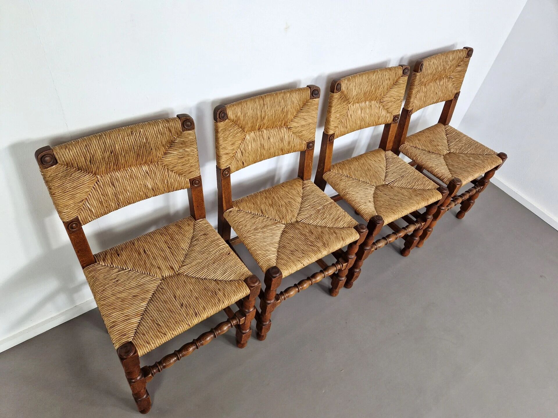 Set of French primitive rush chairs | 1930s