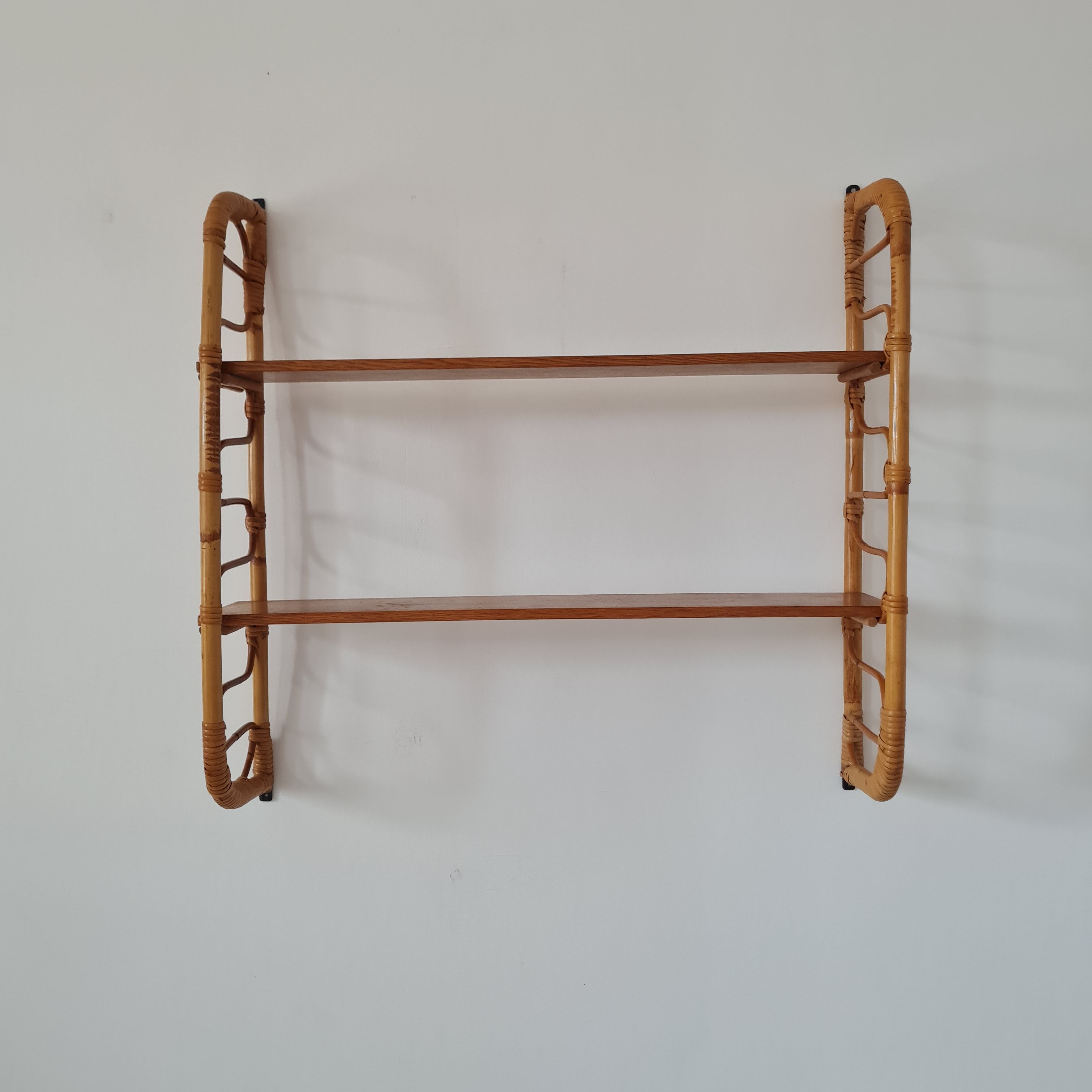 Wall shelf double modular rattan & vintage wood 50s