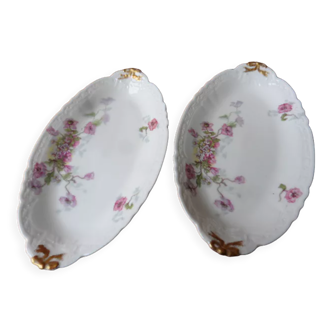 2 porcelain raviers signed Limoges SS France décor anemones and daisies