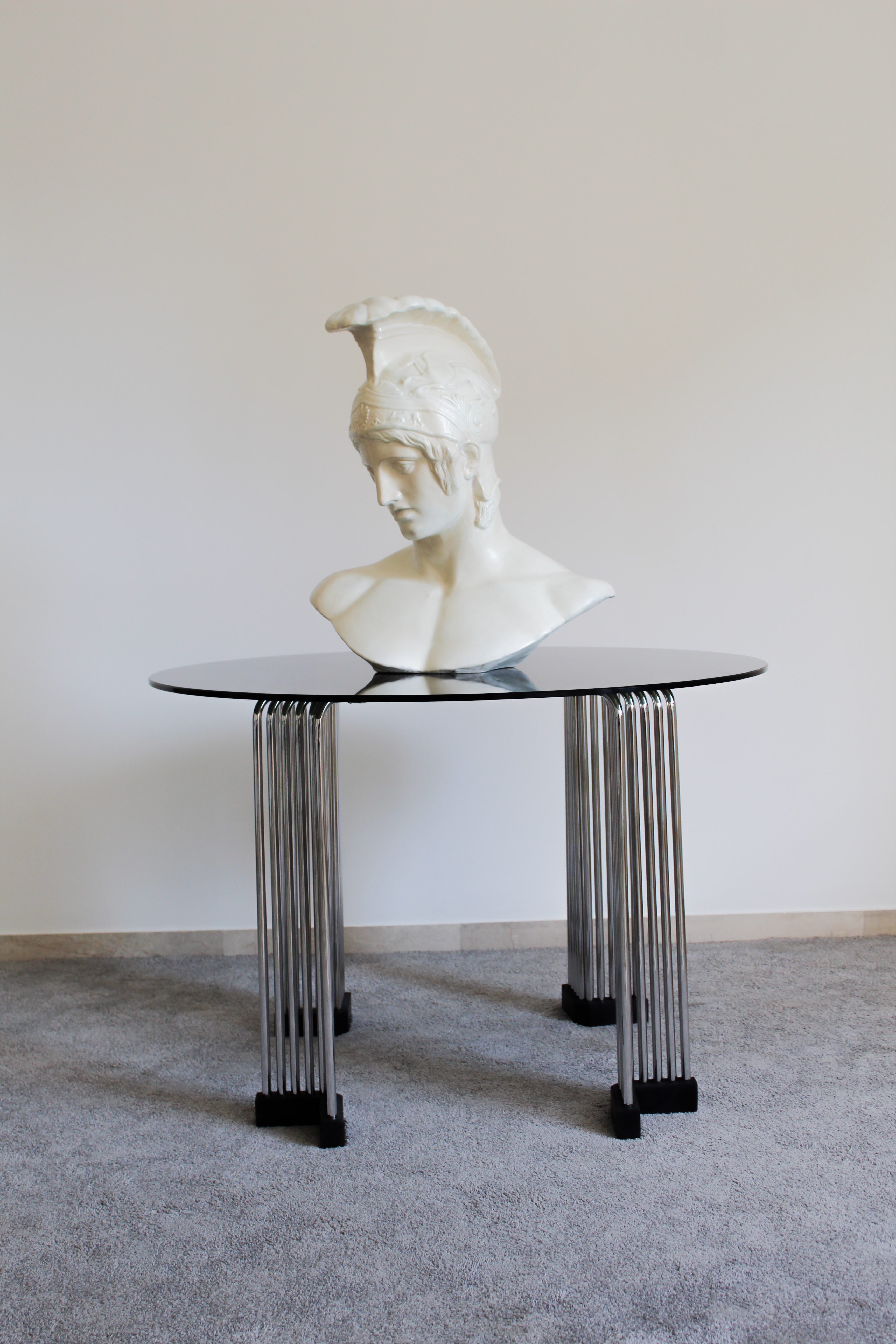 Chromed round round glass round rod table, Italy 1970s