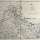 Carte de l’Inde du Nord vers 1869 Keith Johnston Royal Atlas Carte colorée à la main