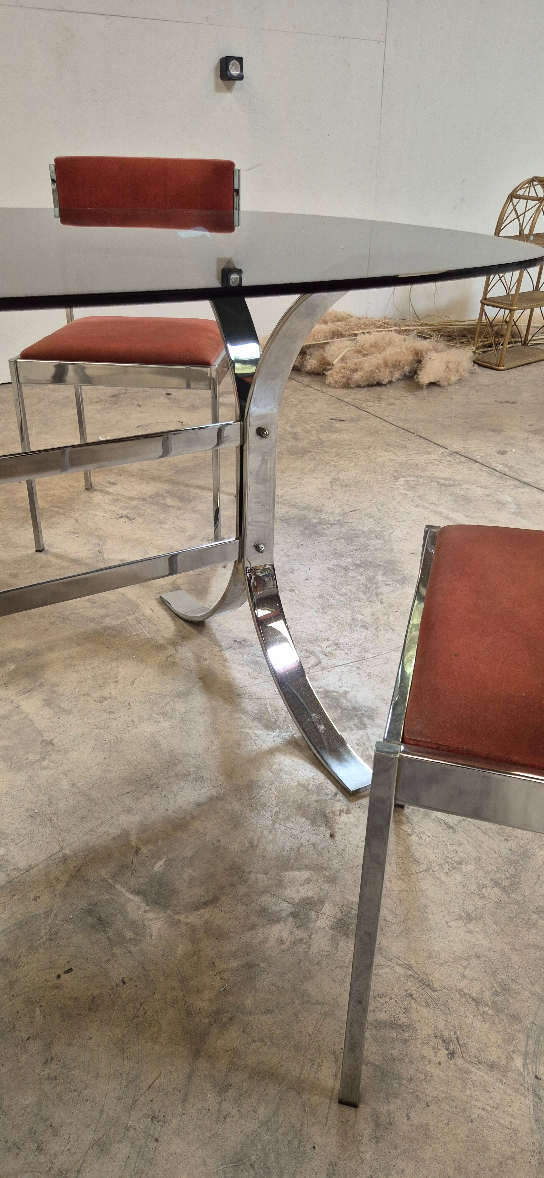 Dining room table + 4 stainless steel and smoked glass chairs 1970